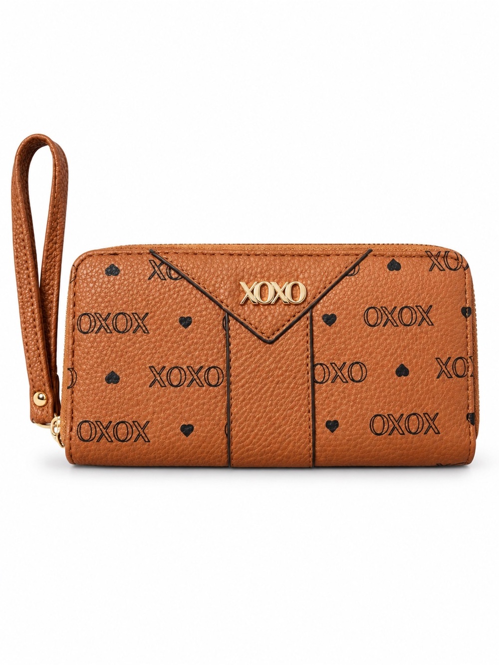 XOXO Brown Monogram Heart Zip Around Wristlet Wallet